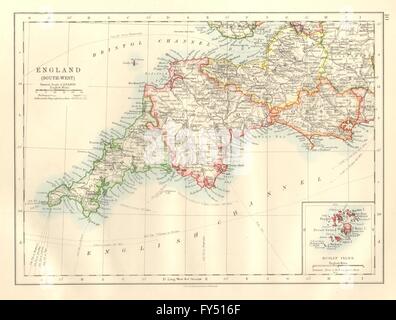 SOUTH WEST ENGLAND. Devon Cornwall Dorset Somerset.Telegraphs. JOHNSTON, 1920-Karte Stockfoto