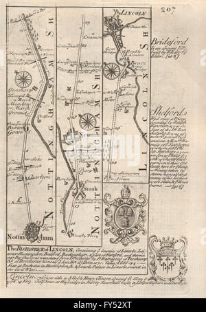 Nottingham-Carlton-Gunthorpe-Newark auf Trent-Lincoln OWEN/BOWEN Straßenkarte 1753 Stockfoto