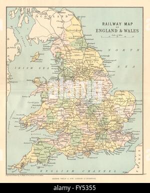 Großbritannien-Eisenbahn: Eisenbahn-Karte von England & Wales. PHILIP, 1884 Stockfoto