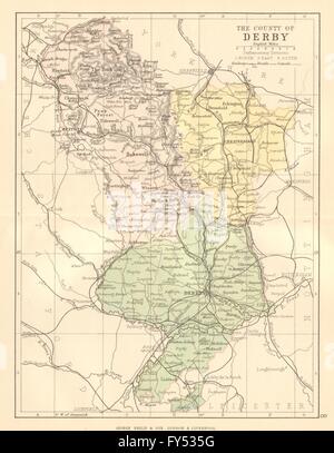 DERBYSHIRE: Antike Grafschaft Landkarte. Eisenbahn-Kanäle. Wahlkreise. PHILIP 1884 Stockfoto