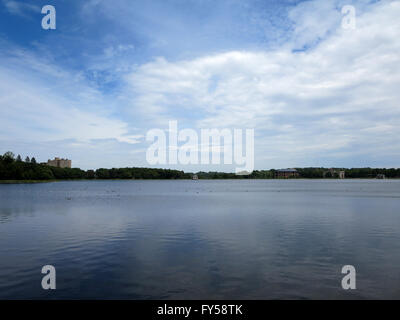 Chestnut Hill Reservoir mit Enten schwimmen in einem Vorort von Boston im Wasser an einem schönen Tag. Stockfoto