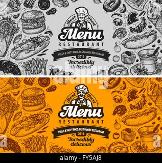 Restaurant-Café-Menü-Template-Design. Skizze-Essen Stock Vektor