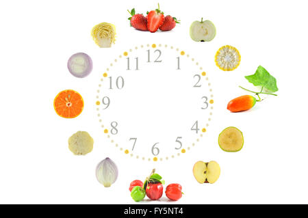 Obst und Gemüse Uhr auf weißem Hintergrund Stockfoto