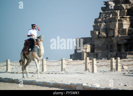 Kairo, Ägypten. 17. April 2016. Ein Polizist reitet auf einem Kamel, wie er die Pyramiden von Gizeh nahe Kairo, Ägypten, 17. April 2016 geht. Beliebtesten touristischen Destinationen in Ägypten sind durch erhöhte Sicherheit Polizei geschützt. Foto: Bernd von Jutrczenka/Dpa/Alamy Live News Stockfoto