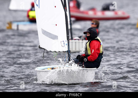 Potsdam, Deutschland. 23. April 2016. Segelboote der Optimisten-Klasse während der 50. Kinder und Jugend Regatta am Templiner See in Potsdam, Deutschland, 23. April 2016. Foto: RALF HIRSCHBERGER/Dpa/Alamy Live News Stockfoto