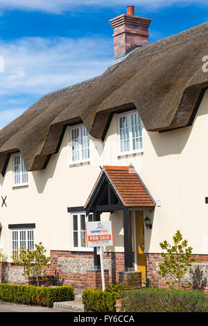 Charmantes Reetdachhaus zum Verkauf in Dorchester Road, Tolpuddle, Dorset im April Stockfoto