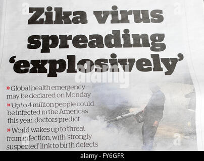 Unabhängige Zeitung Titelseite Schlagzeile ZIKA VIRUS verbreitet "EXPLOSIONSARTIG" 29. Januar 2016 London UK Stockfoto