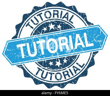 Tutorial-blaue Runde Grunge Stempel auf weiß Stock Vektor
