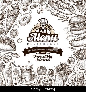 Speisekarte Restaurant, Café-Template-Design. Skizze-Essen Stock Vektor