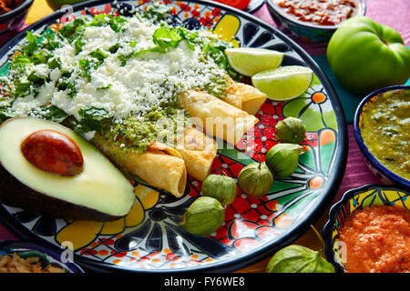 Mexikanisches Essen grüne Enchiladas mit Guacamole und Saucen auf bunten Tisch Stockfoto