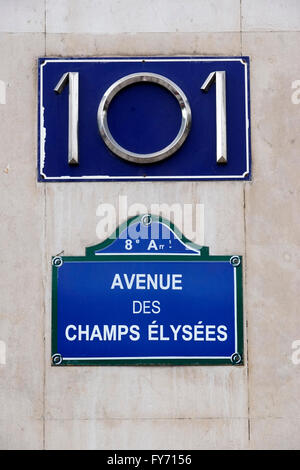 Straßenschild der Avenue des Champs Elysees. Paris, Frankreich Stockfoto