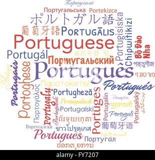 Portugiesische Sprache in den Sprachen der Welt. Vektor-Reisen-Collage. Stock Vektor