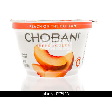 Winneconne, Wisconsin - 2. März 2016: ein Container für Chobani griechischer Joghurt Pfirsich Geschmack Stockfoto