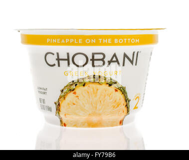 Winneconne, Wisconsin - 2. März 2016: ein Container für Chobani griechischer Joghurt in Ananas-Geschmack Stockfoto