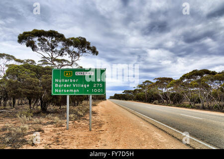 Grüne Straße Hinweisschild entlang nationaler Eyre Highway A1 in Südaustralien irgendwo im Nullarbor Plain mit nur einem Bäume Stockfoto