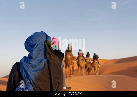 Kamel-Reise am Abend mit mehreren Leuten fotografiert von hinten in die Erg Chebbi Wüste bei Merzouga in Marokko. Stockfoto