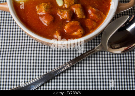 Auflauf mit Fleisch Eintopf und Tomatensauce auf karierten Tischdecke Stockfoto