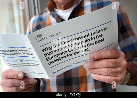 Applying männlichen lesen die konservativen Parteien EU Referendum Umfrage-Broschüre, die aus allen in Großbritannien veröffentlicht wurde. Stockfoto