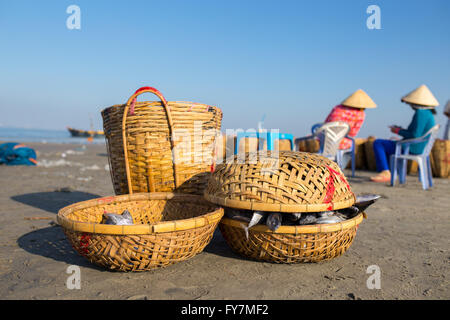 Angeln Korb mit zwei Frauen, konische Hut im Hintergrund unter blauem Himmel am Strand von Long Hai Ba Ria, Vung Tau, VietNam Stockfoto