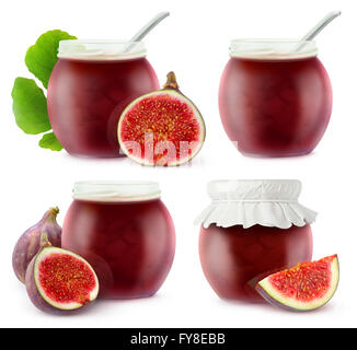 Isolierte Fig Marmeladengläser. Sammlung von offenen Glasgläser mit Marmelade und frische Feigen, isoliert auf weißem Hintergrund mit Stockfoto