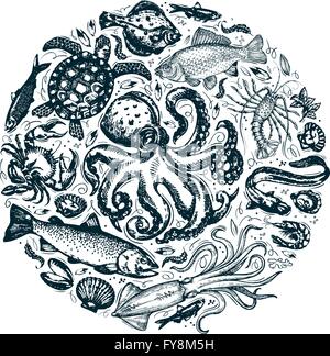 Meerestiere, Meeresfrüchte. die Hand gezeichneter Skizzen. Vektor-illustration Stock Vektor
