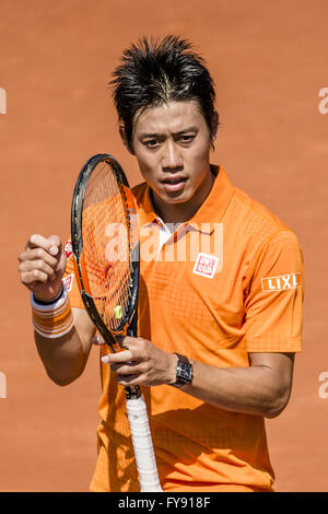 Barcelona, Katalonien, Spanien. 23. April 2016. KEI NISHIKORI Japon reagiert nach dem Sieg im Halbfinale gegen Benoit Paire Frankreich am "Barcelona Open Banc Sabadell" 2016. Nishikori gewann 6:3, 6:2 Credit: Matthias Oesterle/ZUMA Draht/Alamy Live News Stockfoto