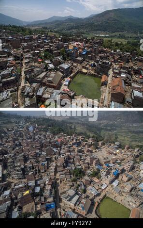 Kathmandu, Nepal. 23. April 2016. Kombination-Bild zeigt beschädigten Häuser nach dem Erdbeben am 13. Mai 2015 (oben) und der gleichen Stelle in Patan, Nepal, am 23. April 2016. Bildnachweis: Lui Sui Wai/Xinhua/Alamy Live-Nachrichten Stockfoto