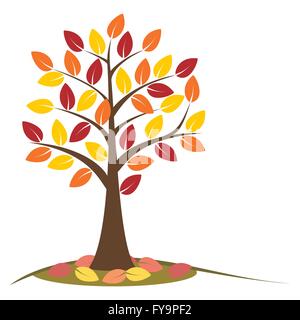 Herbst Baum mit fallenden Blätter. Konzept im Herbst Baum. Stilisierte Herbst Baum mit gelben, Orangen und roten Blättern. Isoliert auf weiss Stock Vektor