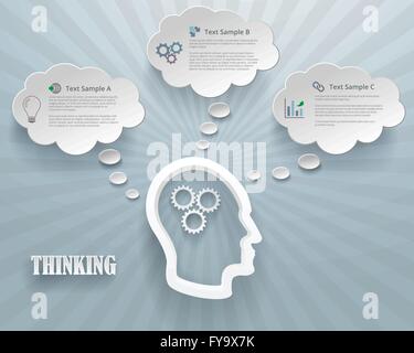 Infografik-Darstellung des Denkens Optionen zu abstrahieren. Köpfe mit Zahnrädern und Cloud Luftblasen auf einem blauen Hintergrund. Stock Vektor