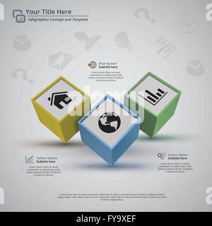 Perspektivische Ansicht des 3d Würfel mit Symbolen, auf einem hellgrauen Hintergrund. Platzhalter für Titel, Grafik und Beschreibung. Stock Vektor