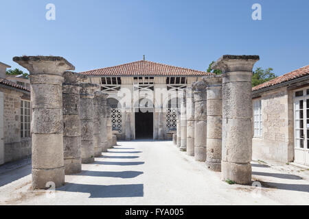 Säulen säumen den Eingang zum archäologischen Museum, Saintes, Poitou-Charentes, Frankreich Stockfoto