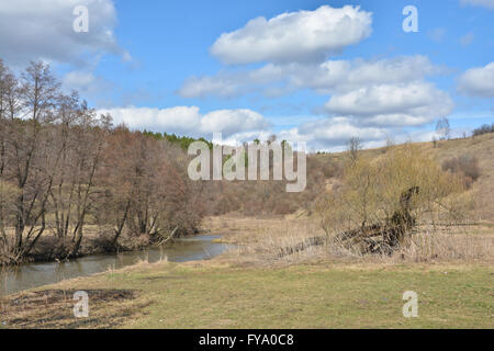 Fluss im zeitigen Frühjahr. Vasana Fluss in der Region Tula, Russland am Ende April. Stockfoto