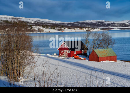 Winterlandschaft mit typischen roten Haus im Schnee bedeckt Küste, Senja, Troms, Norwegen, Europa Stockfoto