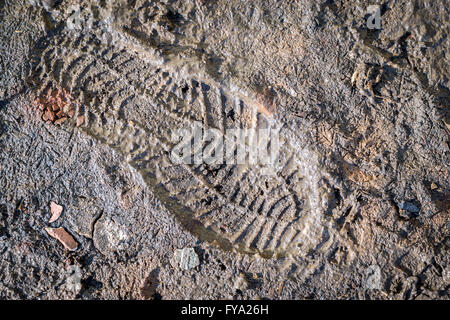 Menschlichen männlichen Erwachsenen Stiefelabdruck im Schlamm. Impressum erstellt Muster in frische Erde. Stockfoto