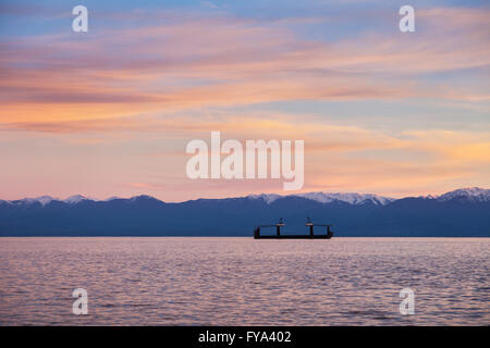 Schiff mit Kränen auf Juan de Fuca Strait.  Victoria, BC Stockfoto