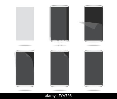 Weiße Smartphones Bildschirmanordnung mit Protektor Glas Stufen. Vektor-Illustration. EPS 10. Keine Steigungen. Rohstoffe sind Stock Vektor