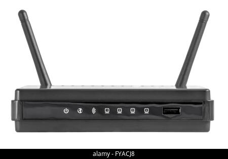 Elektronische Sammlung - schwarz drahtlose Internet Netzwerk WLAN-Router isoliert auf weißem Hintergrund Stockfoto