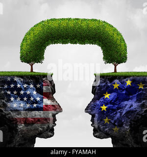 Amerikanische Europäische Partnerschaft und internationalen Handel Abkommen Finanzkonzept als zwei separate Berghänge vereint durch einen angeschlossenen Baum als Symbol in einer 3D Darstellung Stil globale Zusammenarbeit. Stockfoto