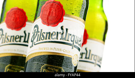 Posen, Polen - 23. April 2016: Plzensky Prazdroj, das erste Pilsner Bier in der Welt, bekannte besser von seinen deutschen Namen Pilsner Stockfoto