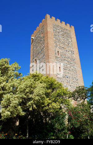 Blick auf die arabische Burgturm (Torre del Homenaje) mit Bäumen im Vordergrund, Velez-Malaga, Costa Del Sol, Spanien. Stockfoto