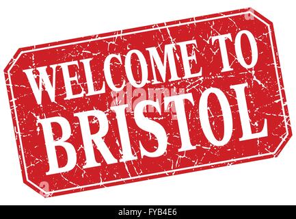 Willkommen Sie bei Bristol rotes Quadrat-Grunge-Stempel Stock Vektor