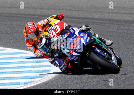 Jerez, Spanien. 24. April 2016. Jorge Lorenzo aus Spanien und Movistar Yamaha MotoGP fährt während des MotoGP-Rennens während des Spanisch-Moto Grand Prix auf der Rennstrecke von Jerez in Jerez De La Frontera auf 24. April 2016.  Bildnachweis: Marco Iorio/Alamy Live-Nachrichten Stockfoto