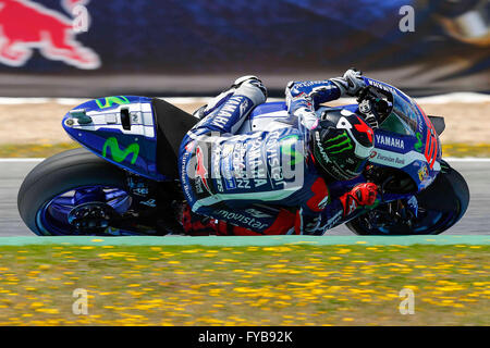 Jerez, Spanien. 24. April 2016. Jorge Lorenzo aus Spanien und Movistar Yamaha MotoGP fährt während des MotoGP-Rennens während des Spanisch-Moto Grand Prix auf der Rennstrecke von Jerez in Jerez De La Frontera auf 24. April 2016.  Bildnachweis: Marco Iorio/Alamy Live-Nachrichten Stockfoto