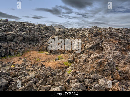 Reykjanes Halbinsel, Süd-West Island, Island. 5. August 2015. Felder von vulkanischem Geröll und Felsen, mit Flecken von grünem Moos in einem Lavafeld in der Nähe von GrindavÃk auf der Halbinsel Reykjanes, südwestlichen Island, wo Tourismus ist ein wachsender Sektor der Wirtschaft geworden. © Arnold Drapkin/ZUMA Draht/Alamy Live-Nachrichten Stockfoto