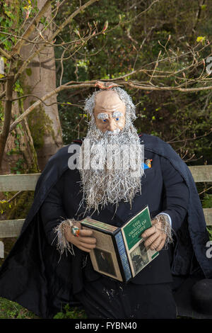 Wray, Lancashire, UK, 25. April 2016. Charles Darwin holdingg "Die Entstehung der Arten" auf der Wray jährliche Scarecrow Festival. Die Dorfbewohner sind wieder in Erstellt einige seltsame, verrückte und wunderbare Vogelscheuche Kreationen Besucher zu überraschen. Jährlich Dorf Wray Hosts eine Anzeige von Vogelscheuchen und Stroh Zahlen in mit einem Thema in der Schule zu passen. Stockfoto