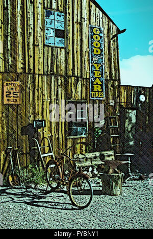 Verlassene Scheune, mit Fahrrad Bild an einem sonnigen Tag. Digital Fotografie angepasst. . Stockfoto