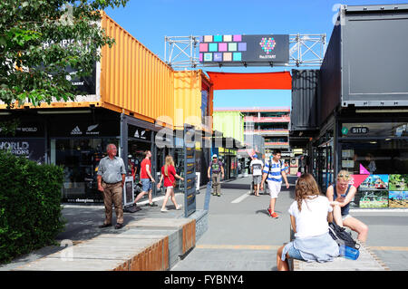 Eingang zum Re: START Container Mall, Cashel Street, Christchurch, Canterbury, Neuseeland Stockfoto