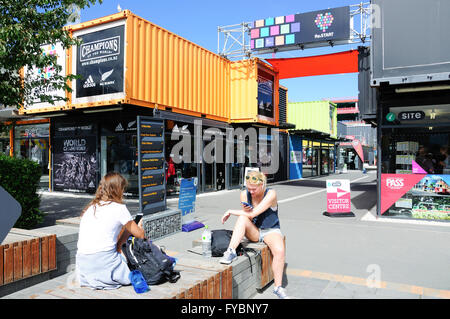 Eingang zum Re: START Container Mall, Cashel Street, Christchurch, Canterbury, Neuseeland Stockfoto