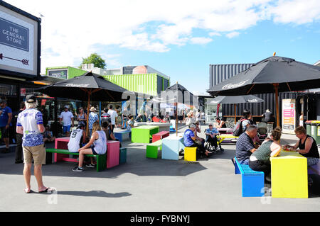 Foodcourt im Re: START Container Mall, Cashel Street, Christchurch, Canterbury, Neuseeland Stockfoto