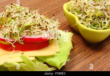 Frisch zubereitete vegetarische Sandwich und grüne Schale mit Luzerne und Radieschen Sprossen auf Holztisch liegend, Stockfoto